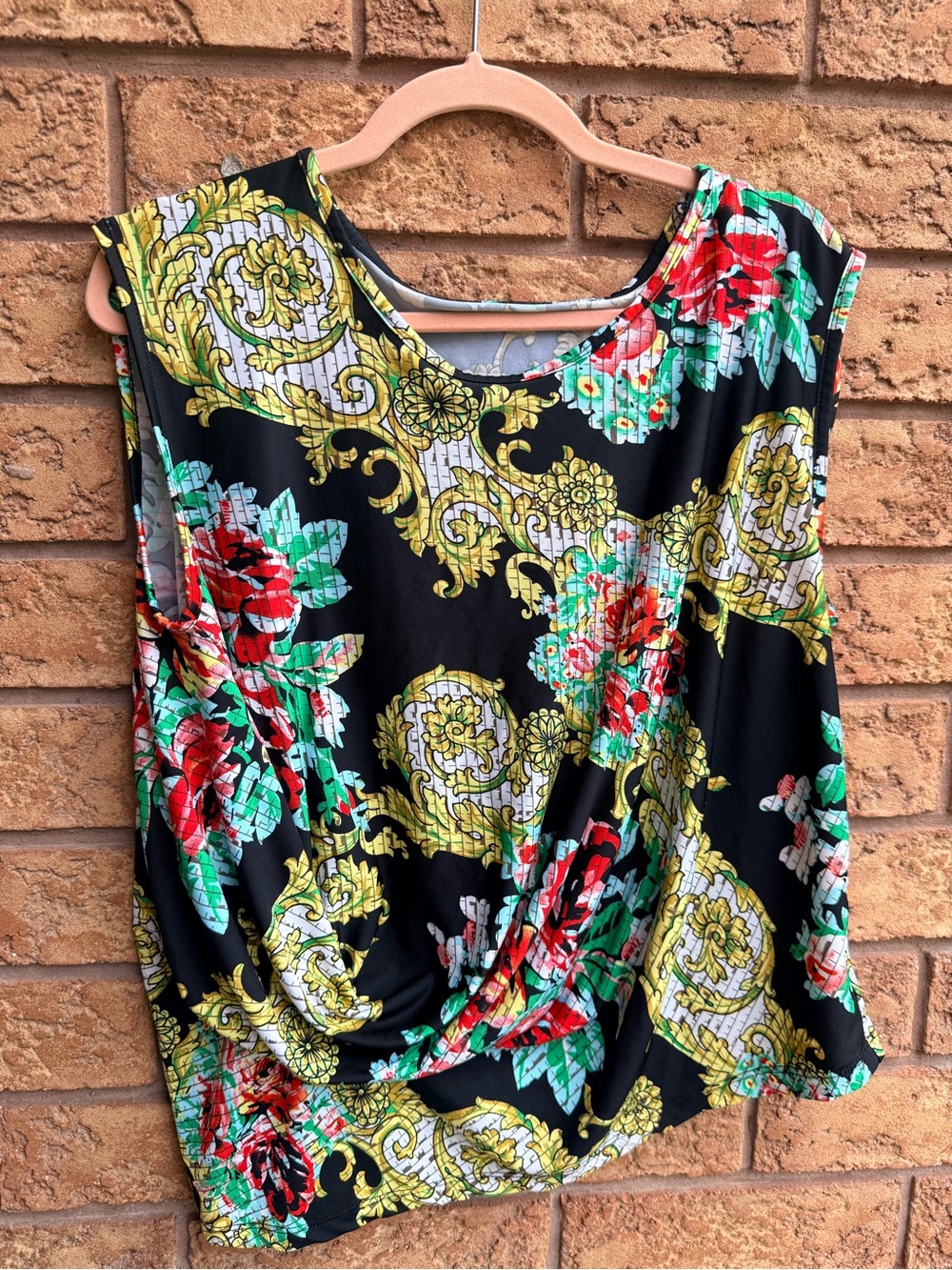 4/$25 • FMX & CO Vibrant Baroque Floral Twist Top